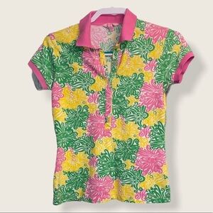 Lilly Pulitzer polo shirt 1/2 button down front bright floral print Size XSmall